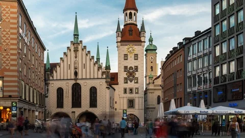 Munich, Germany - June 2018. Timelapse of Old Town Hall at Marienplatz Stock Footage 98878956