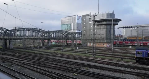 Munich Hackerbrücke Pan Shot of S-Bahn Trains in Slow Motion 4K 100fps Stock Footage 319298792