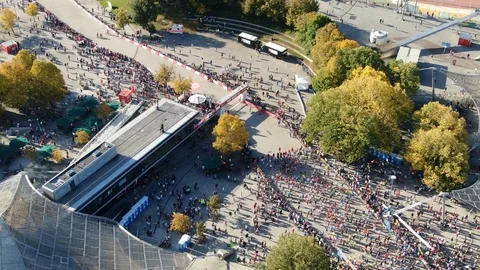 Munich marathon 2019 Drone flight around runners 3 Stock Footage 124580966