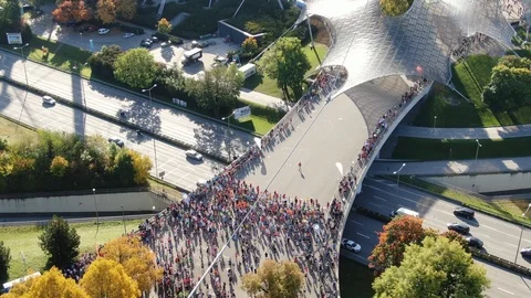 Munich marathon 2019 Drone flight over runners 2 Stock Footage 124581300
