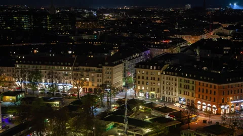 Munich Night Aerial Timelapse: Old Town Cityscape &amp; Skyline Stock Footage 240349983