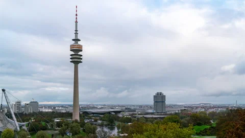 Munich Olympiapark Panoramic Timelapse with Tower and Lake Stock Footage 240353469