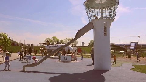 MUNICH, playground with a mini control tower and children Stock Footage 109202730