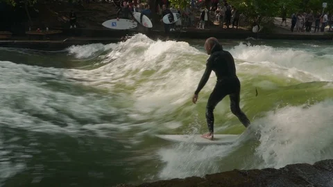 Munich River Surfing HD Video stock 90314928