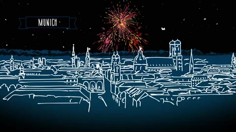 Munich Skyline by Night with Firework Intro Animation Stock Footage 68560641