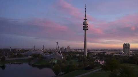 Munich Skyline, Sunrise at Olympic Park Munich - TL DN Stock Footage