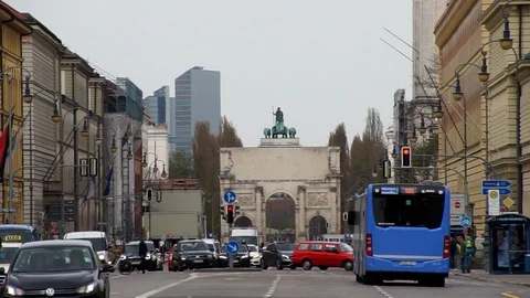 Munich streets, looking down Ludwigstrasse. Victory gate, Siegestor Stock Footage 88489403