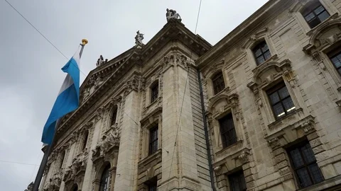 Munich streets, low angle in front of Palace of Justice Stock Footage 88618993