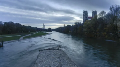 Munich Timelapse of Isar River in the city center -  day to night Stock Footage 37131085