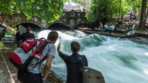 Munich: Timelapse Surfing In Eisbach Stock Footage 77249054