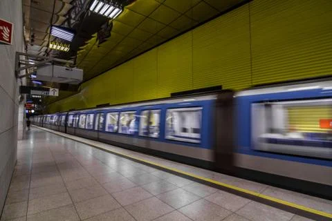 Munich U-Bahn inside in motion with stylish modern platforms and stations Stock Photos
