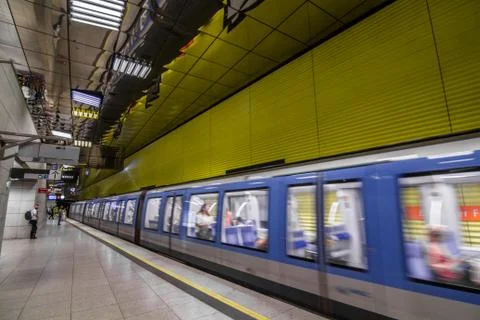 Munich U-Bahn inside in motion with stylish modern platforms and stations Stock Photos