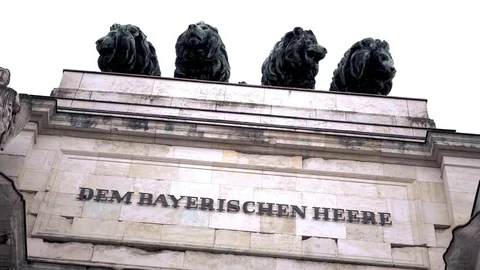Munich victory gate closeup. German text is honoring the bavarian army. Stock Footage 122236899