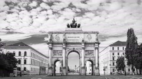 Munich Victory Gate (Siegestor) - 4K Time Lapse Video in black and white Stock Footage 46376872