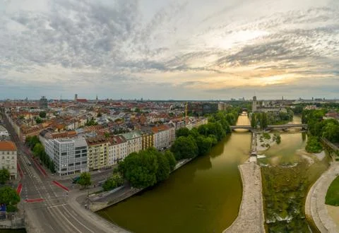 Munich view from a drone at the sunrise includes the Isar river and some popular Stock Photos