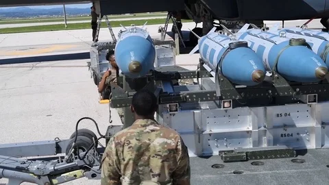 Munition airmen loading bombs for Global Strike Challenge Stock Footage 112124983