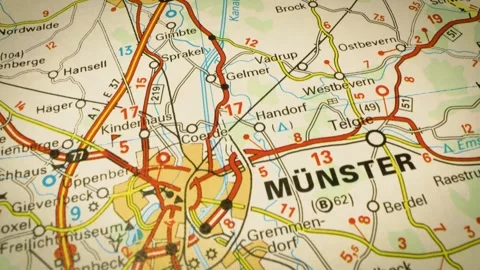 Münster, germany – detailed road network, smooth gliding view over atlas map Stock Footage 346188280
