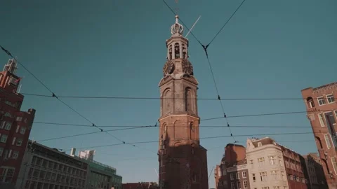 Munttoren Mint Clock Tower 1620 features a Carillon bells Amsterdam, Netherlands Stock Footage 238894134