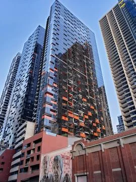 Mural art work in front of modern apartment buildings Stock Photos
