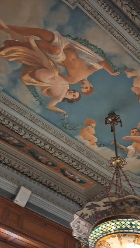 A mural on the ceiling of one of the museum rooms and a luxurious gold necklace Stock Footage 345221188