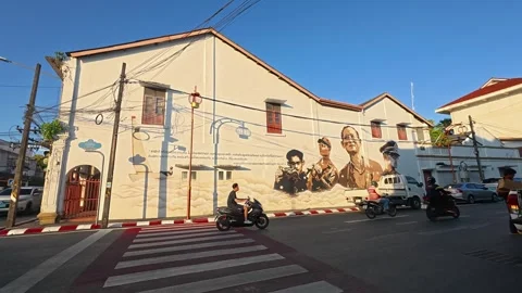 Mural on colonial building in Soi Rommanee in Phuket Old Town Stock Footage 345112381