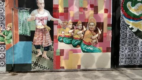 Mural of Produce Seller with Patchwork Background Stock Photos