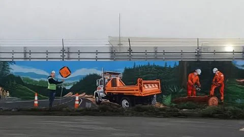Mural of Road Workers with Chainsaw and Construction Truck 写真素材