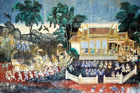 Murals of scenes from the Khmer (Reamker) version of the classic Indian epi.. Stock Photos