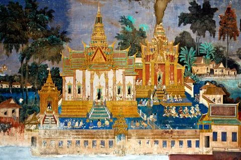 Murals of scenes from the Khmer (Reamker) version of the classic Indian epi.. Stock Photos