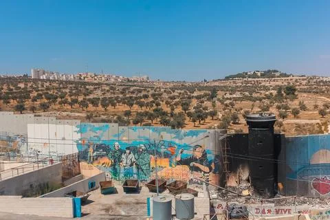Murals on the separation wall beside Aida Refugee Camp Stock Photos