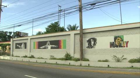 Murals on wall outside of Bob Marley Museum, 56 Hope Road, Kingston 스톡 동영상 50488496