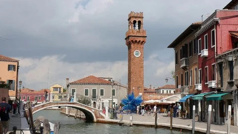 Murano, Italy bell tower, bridge and canal. Stock Footage 70144827