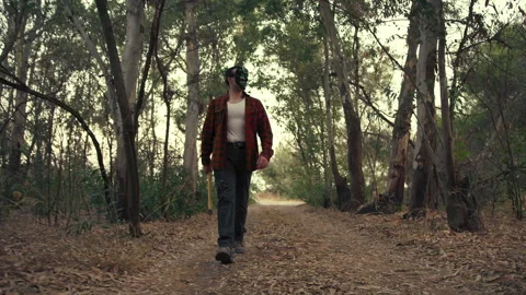 Murder Man Walk With Axe In The Forest Stock Footage 249872404