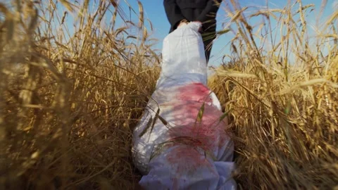 Murderer dragging bleeding dead body Stock Footage 140528979