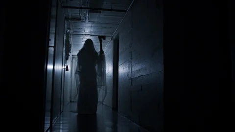 Murderous Ghost Bride Attacking in Basement Stock Footage 124649111