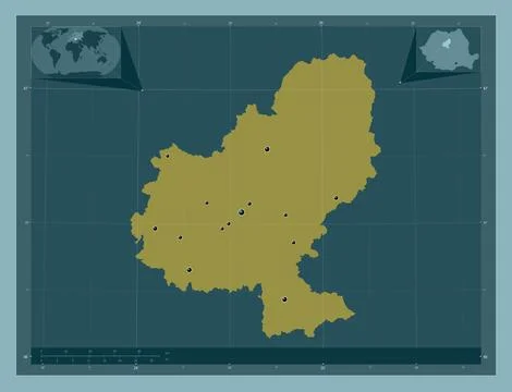 Mures, Romania. Solid color shape. Locations of major cities of the region Stock Illustration