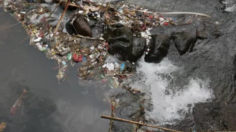 Murky river water filled with floating plastic packaging. Stock Footage 336313698