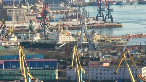 Murmansk harbor and the nuclear-powered icebreaker-museum "Lenin". Stock Footage 70361234