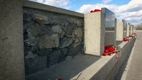 Murmansk. Memorial Center. Path With Name of Hero Cities. Stone Wall With Sign. Stock Footage 73925060