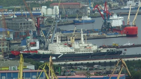 Murmansk port and the nuclear-powered icebreaker-museum "Lenin". Stock Footage 70361242