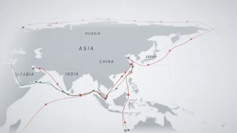 Murmansk to qingdao bulk cargo shipping route map animation seamless loop Stock Footage 345938096