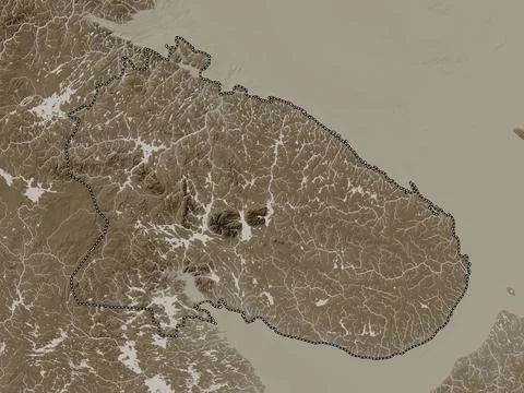 Murmansk, Russia. Elevation map colored in sepia tones with lakes and rivers 库存插图