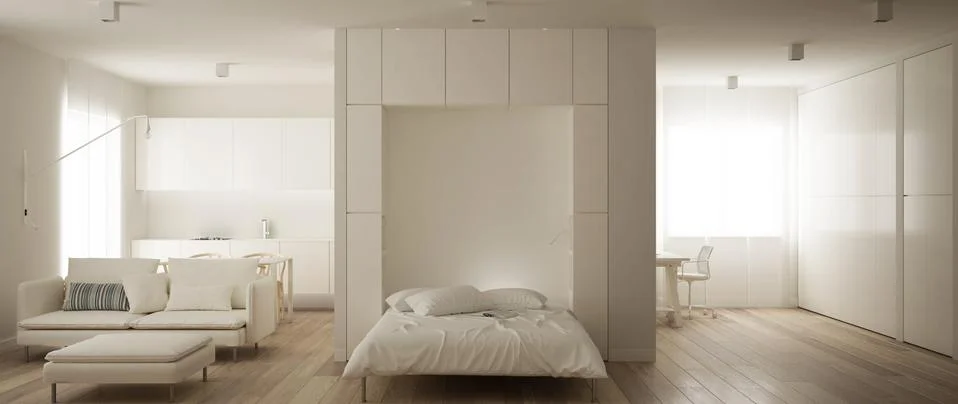 Murphy wall bed with bedside table in one room apartment with kitchen, living 스톡 일러스트