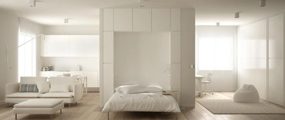 Murphy wall bed with bedside table in one room apartment with kitchen, living Stock Illustration