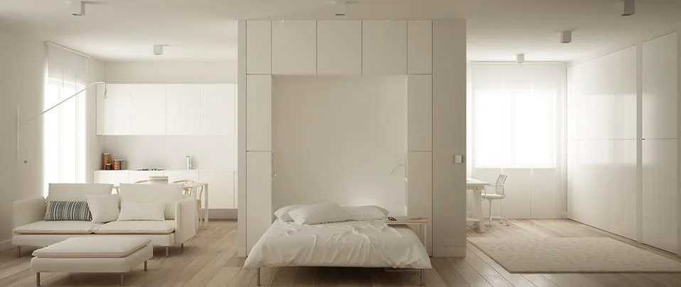 Murphy wall bed with bedside table in one room apartment with kitchen, living 스톡 일러스트