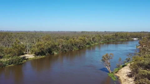 Murray river watercourse in plains of Riverina agriculture region – aerial 4k. Stock Footage 169332619