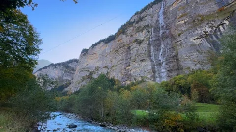 Murren Mürren Gimmelwald Mürrenbachfall waterfall Lutschine White river Swiss Stock Footage 328610924