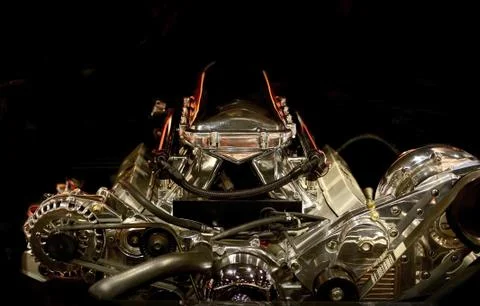 Muscle car engine in the dark. 库存照片
