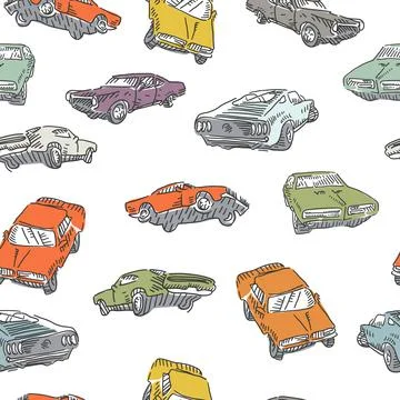 Muscle car seamless pattern. Jumping rally car, oldschool cars print. Vector  Illustrazione stock