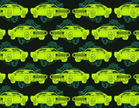 Muscle car vector set collage with Green colors and green engine pattern Illustrazione stock